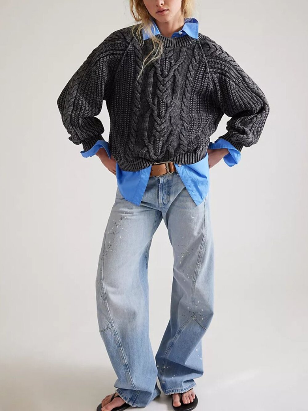 🆕 FREE PEOPLE Frankie Cable Knit Cotton Sweater / Black - Picture 8 of 14